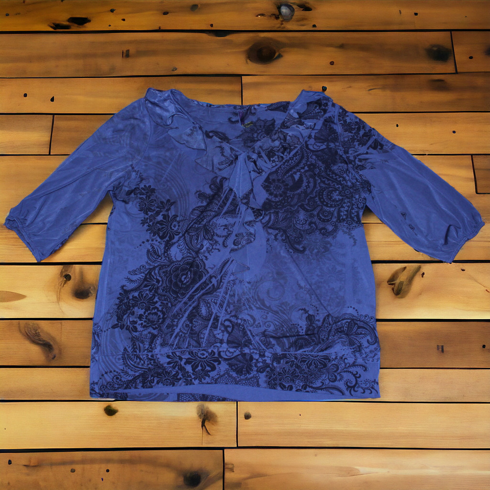 Judith Womens Grey Floral Print Ruffle Collar 3/4 Sleeve Blouse Top Plus Size 3x